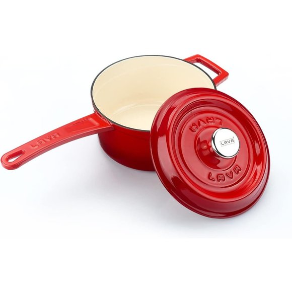 1.5 Red Quarts Round Sauce Pot Long Handle with Lid - Picture 1 of 7